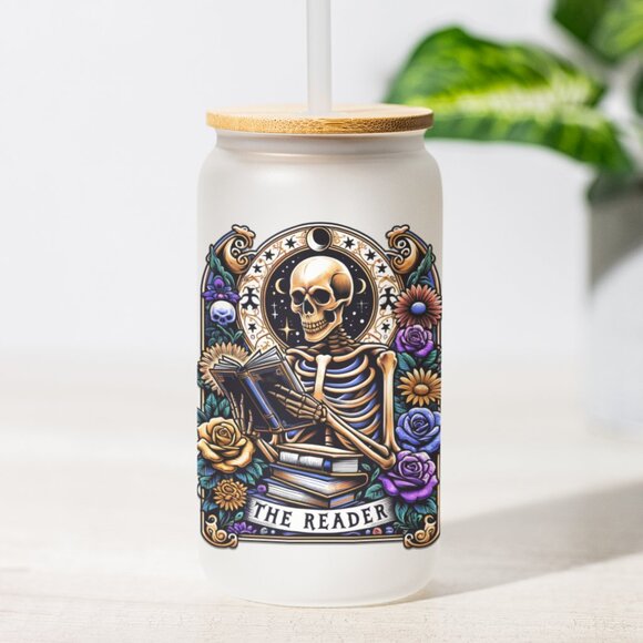 The Reader, Skeleton Tarot Card Mug, Gothic, Glass Tumbler, Booktok, Pagan - Picture 1 of 6